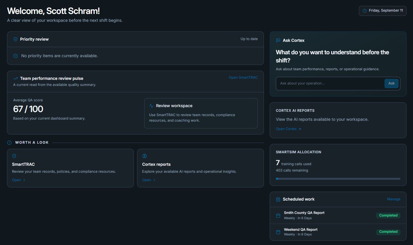 PSAP Central workspace with priority review, team performance, Cortex assistance, and scheduled work