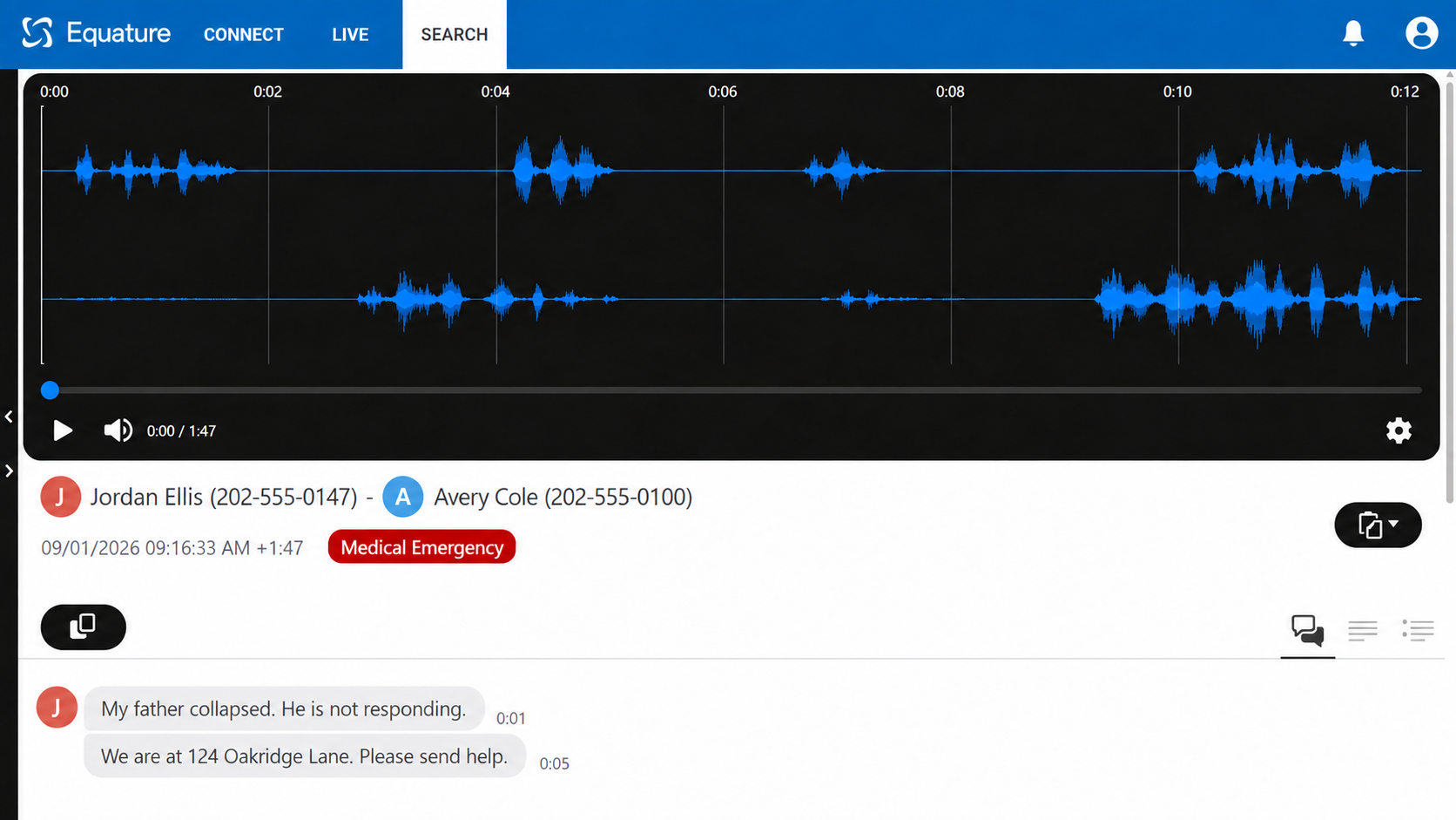 Equature two-channel waveform playback with transport controls, call metadata, a medical emergency tag, and a transcript excerpt using fictional demonstration data