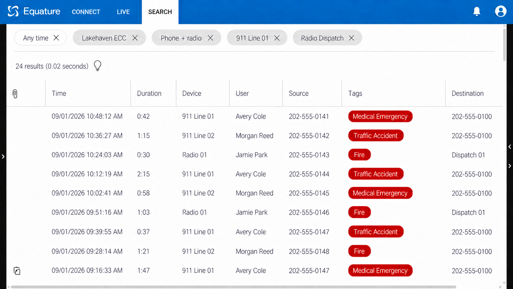 Equature recording search with time, duration, device, user, source, tags, and destination columns displaying fictional demonstration records