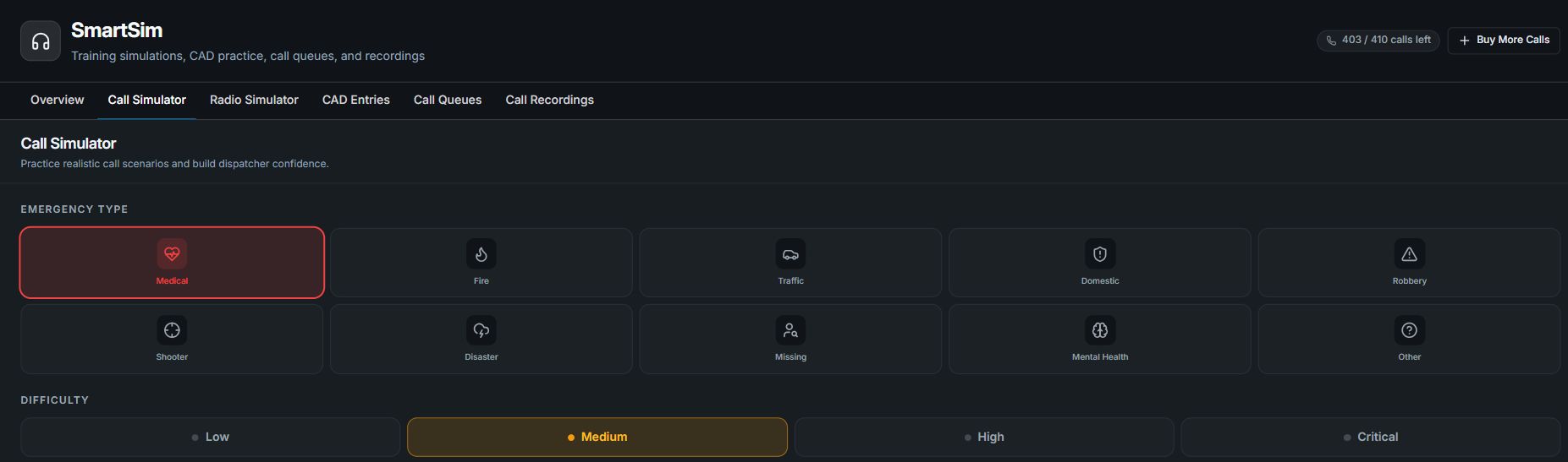 SmartSim Call Simulator with Medical selected from ten emergency categories and Medium difficulty selected