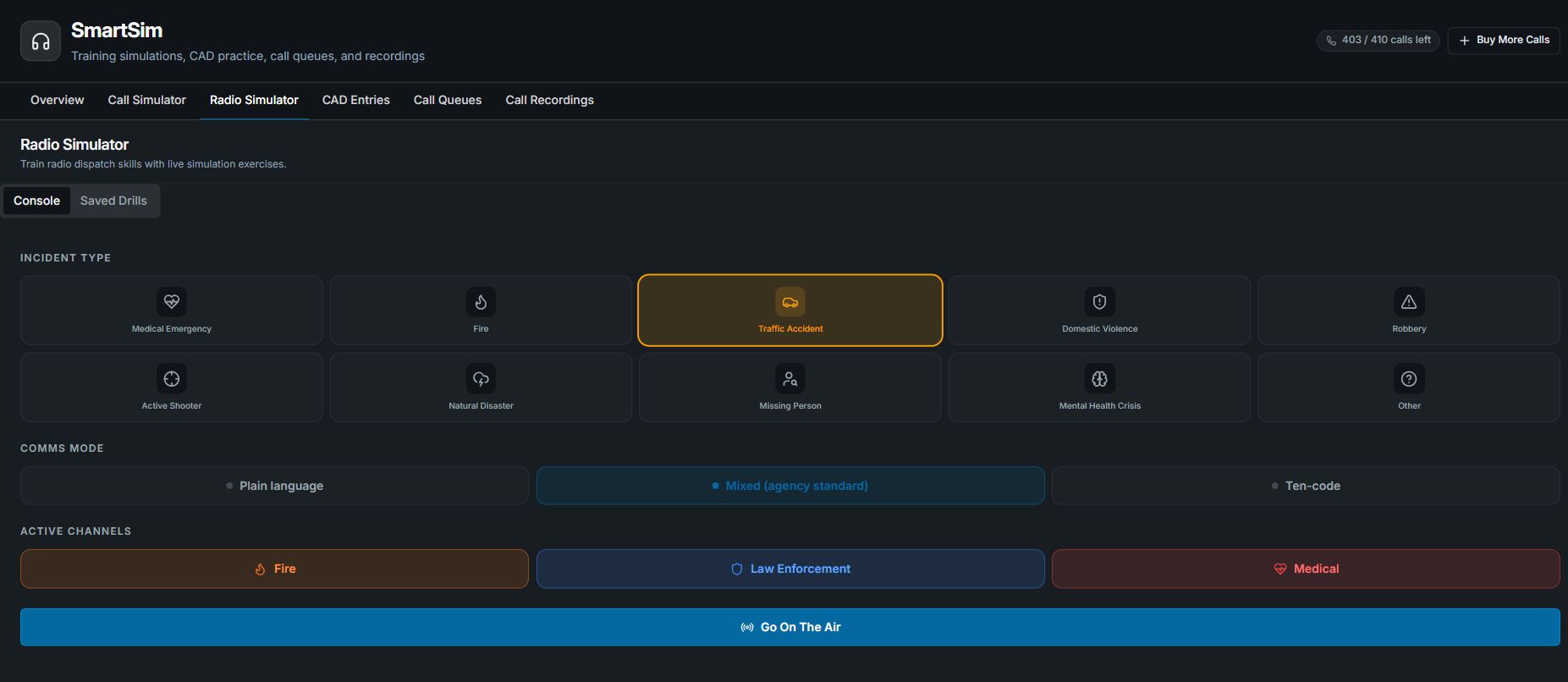 SmartSim radio console with Traffic Accident selected and Fire, Law Enforcement, and Medical channels